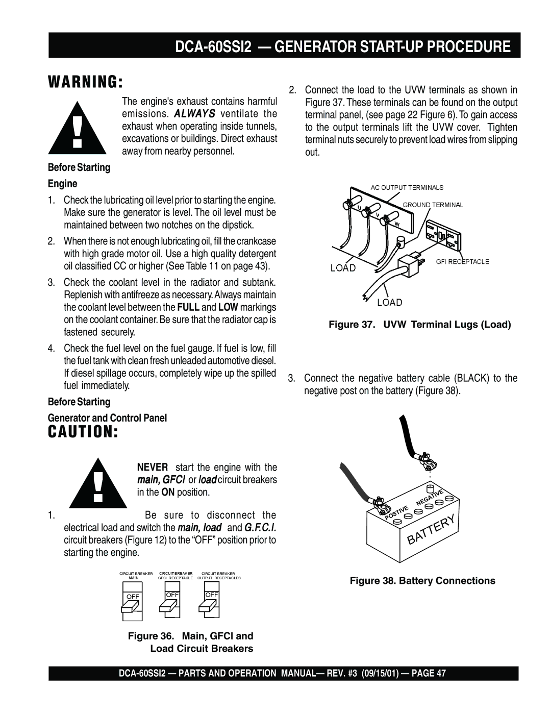 Multiquip DCA-60SS12 operation manual DCA-60SSI2 Generator START-UP Procedure, Before Starting Engine 