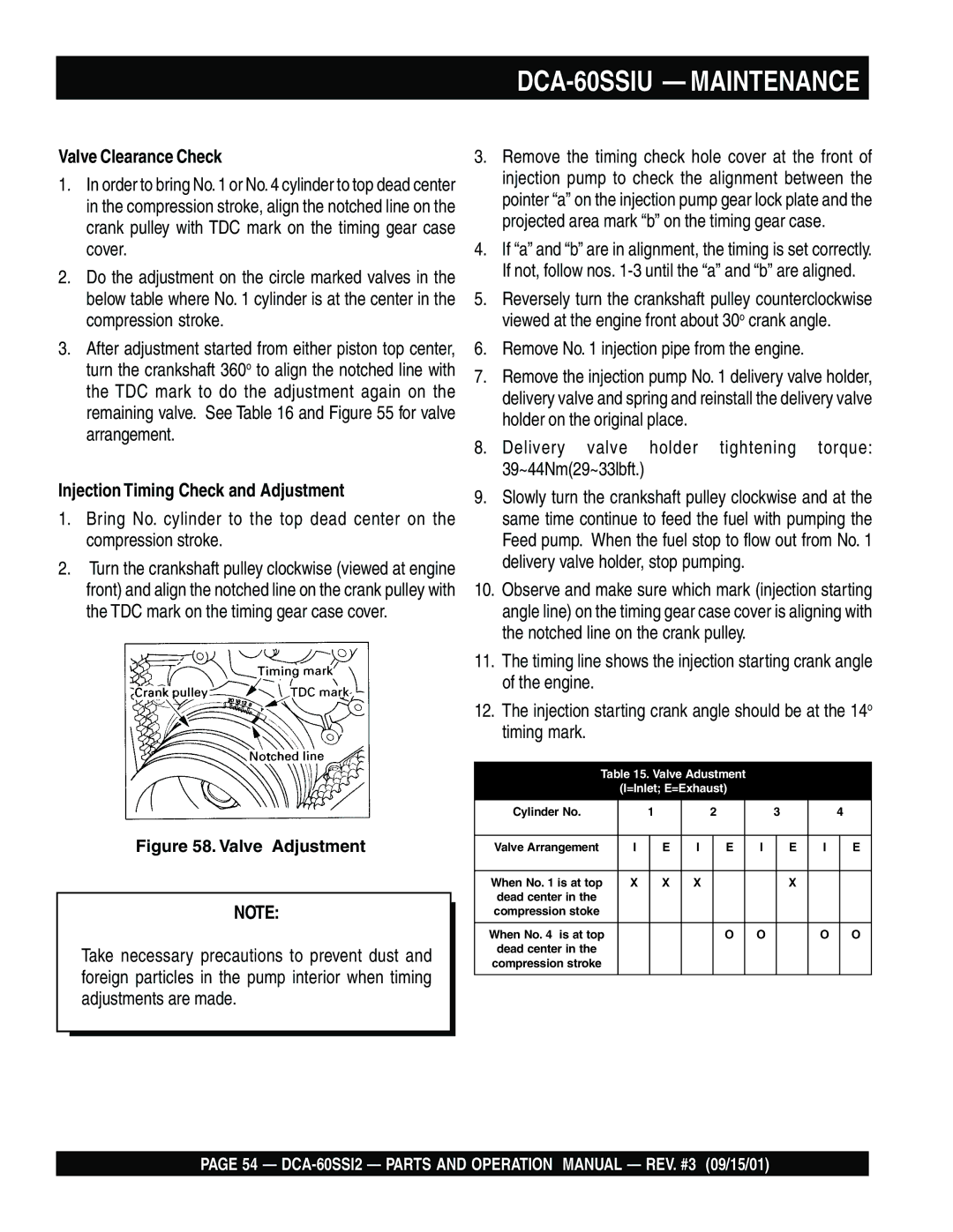 Multiquip DCA-60SS12 operation manual Valve Clearance Check, Injection Timing Check and Adjustment 