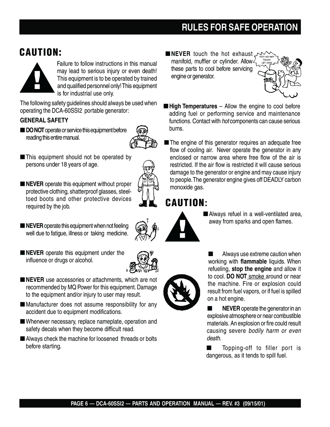 Multiquip DCA-60SS12 operation manual Rules for Safe Operation, General Safety 