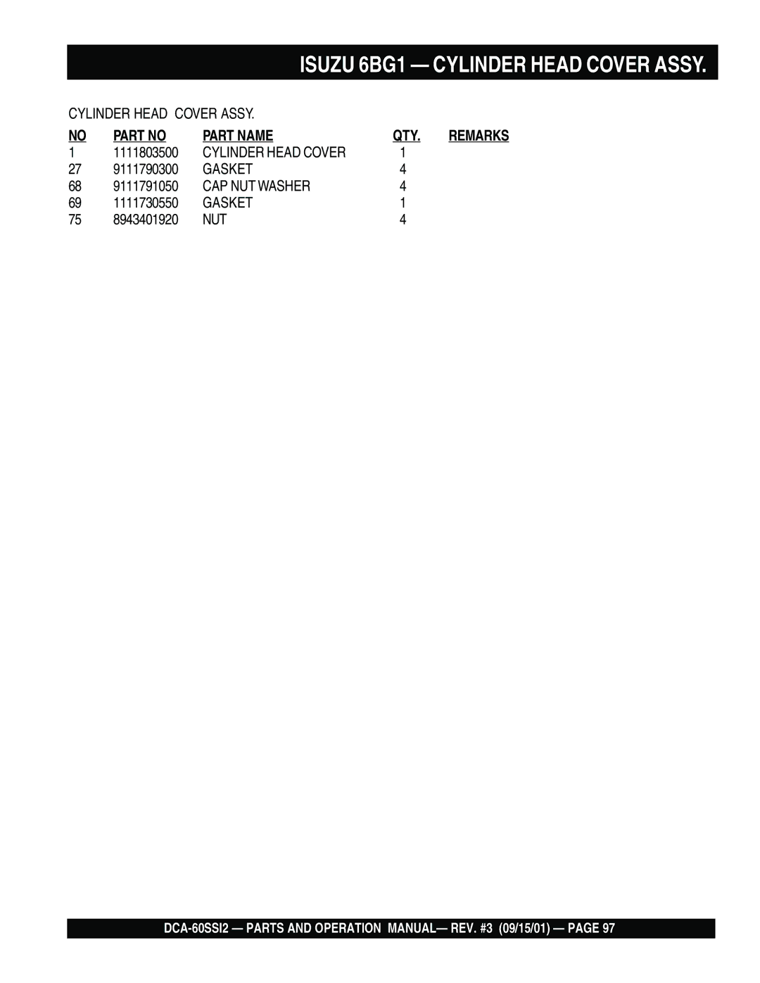 Multiquip DCA-60SS12 operation manual Isuzu 6BG1 Cylinder Head Cover Assy, Part Name QTY 