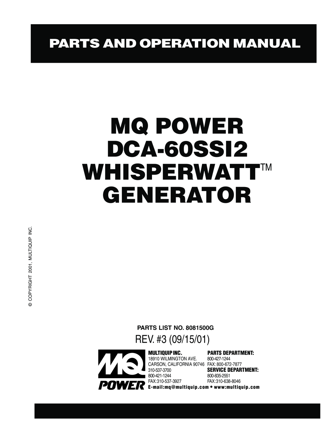 Multiquip DCA-60SS12 operation manual Parts And Operation Manual, MQ POWER DCA-60SSI2 WHISPERWATTTM GENERATOR 