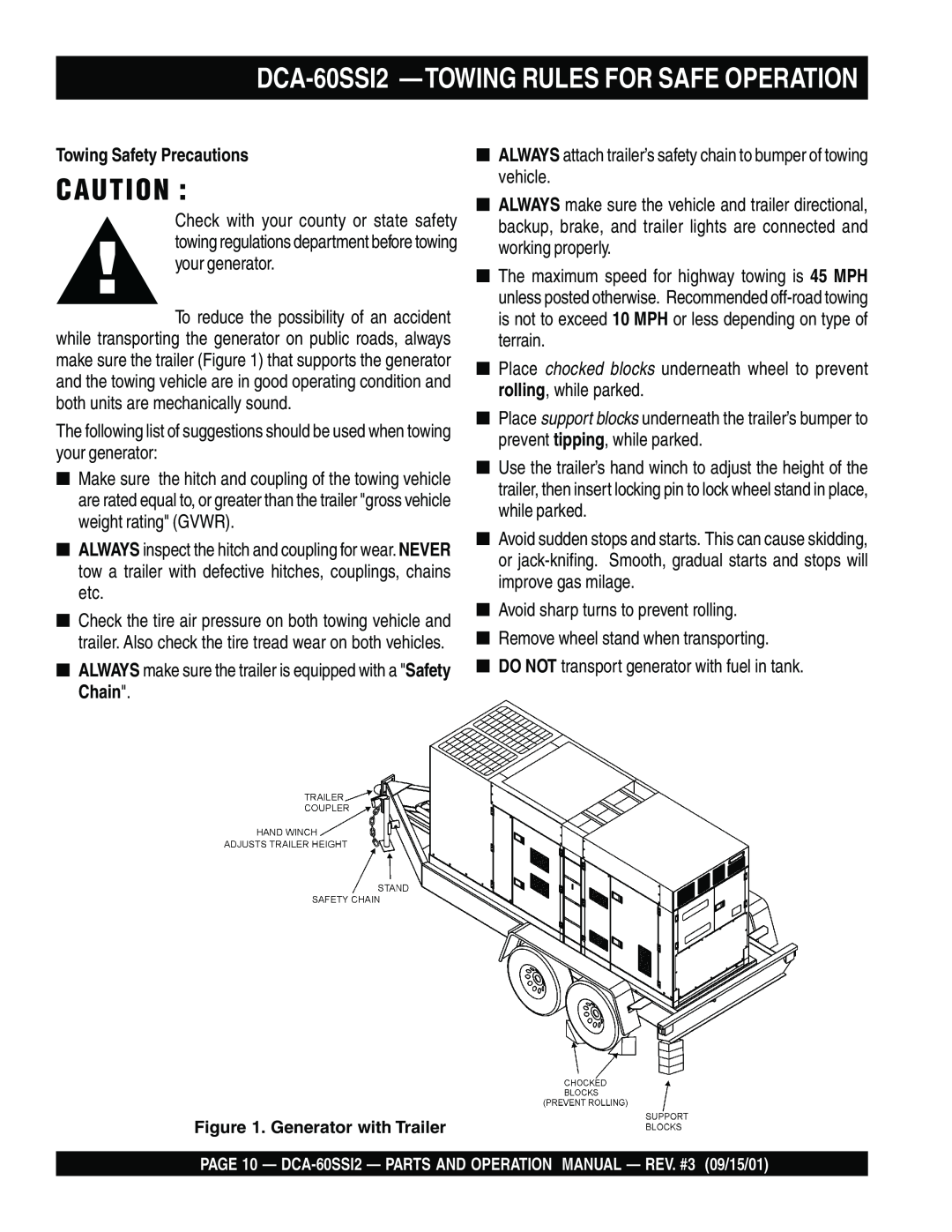 Multiquip DCA-60SS12 operation manual DCA-60SSI2 —TOWINGRULES FOR SAFE OPERATION, Towing Safety Precautions 