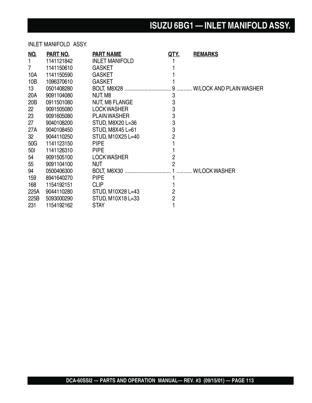 Multiquip DCA-60SS12 operation manual ISUZU 6BG1 — INLET MANIFOLD ASSY, Part No, Part Name, Remarks 