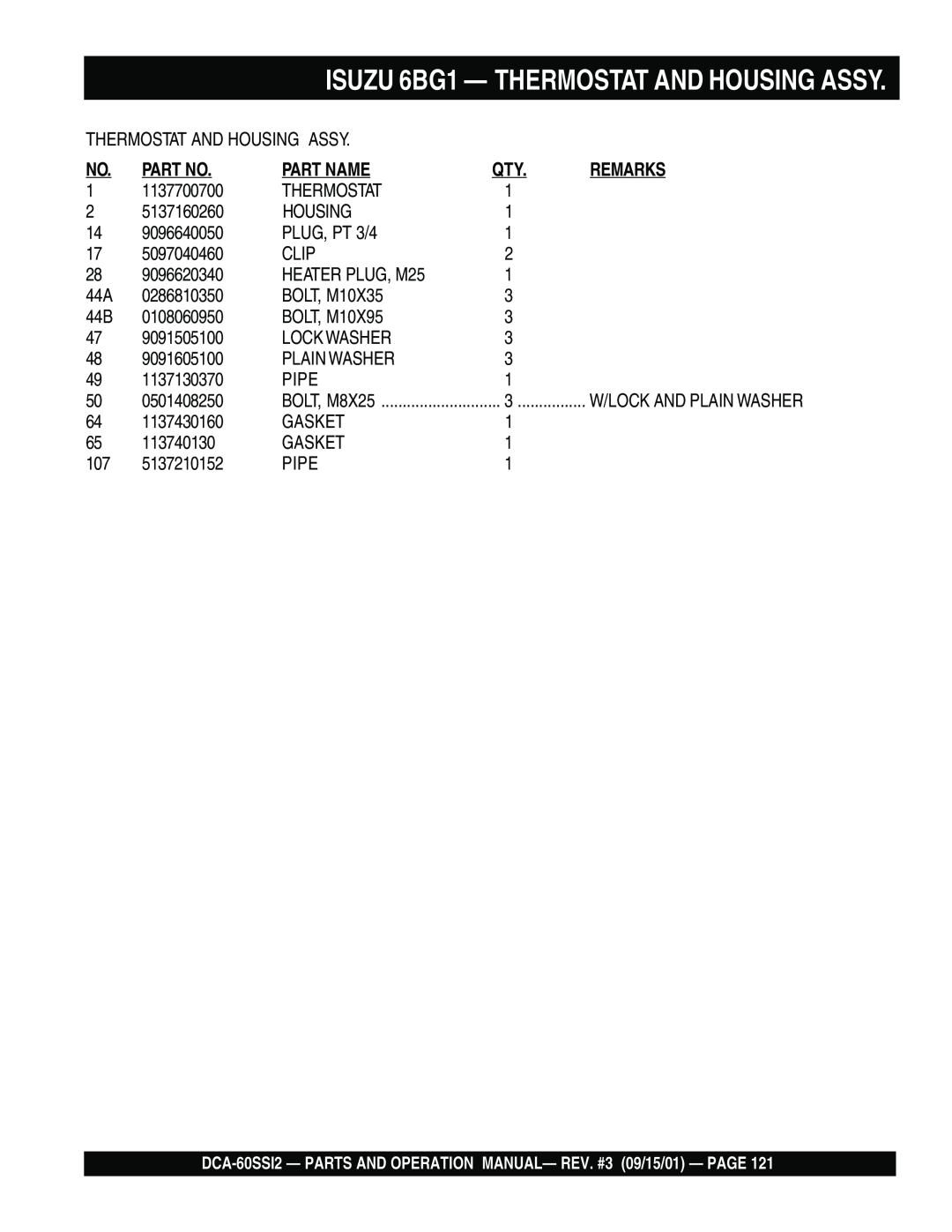 Multiquip DCA-60SS12 operation manual ISUZU 6BG1 — THERMOSTAT AND HOUSING ASSY, Part No, Part Name, Remarks 