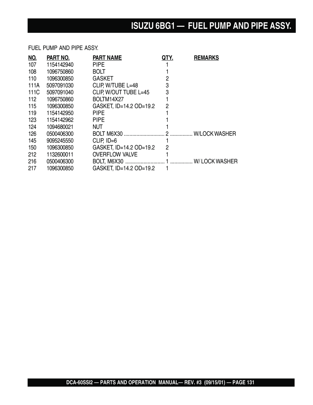 Multiquip DCA-60SS12 operation manual ISUZU 6BG1 — FUEL PUMP AND PIPE ASSY, Part No, Part Name, Remarks 
