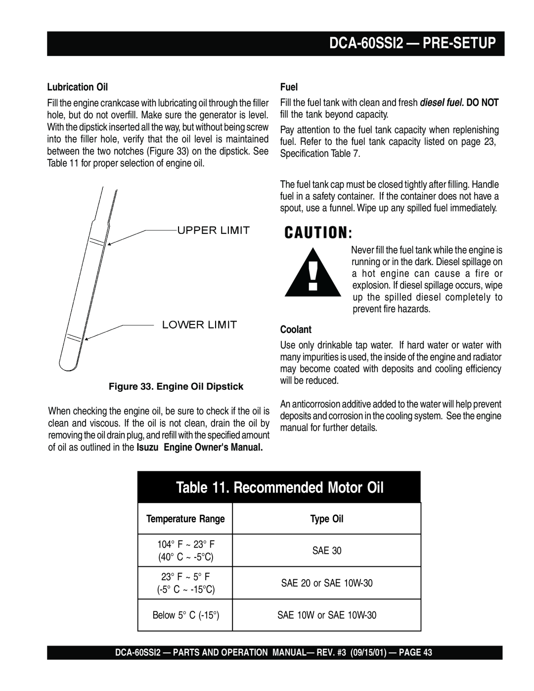 Multiquip DCA-60SS12 operation manual Recommended Motor Oil, DCA-60SSI2— PRE-SETUP, Lubrication Oil, Coolant 