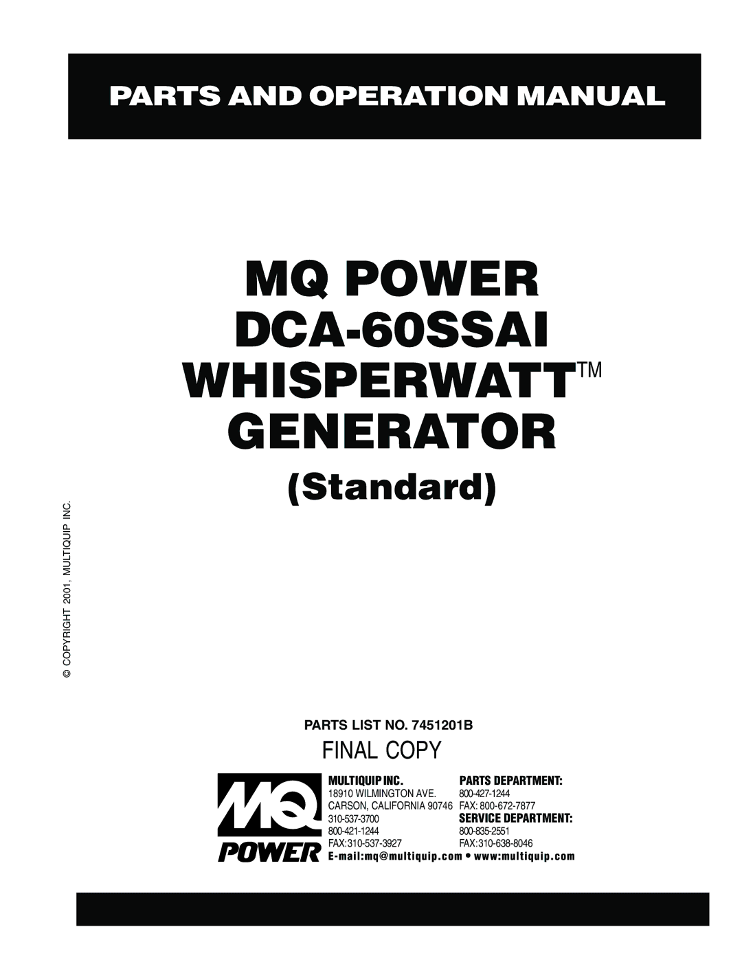 Multiquip dca-60ssai operation manual MQ Power DCA-60SSAI Whisperwatttm Generator 