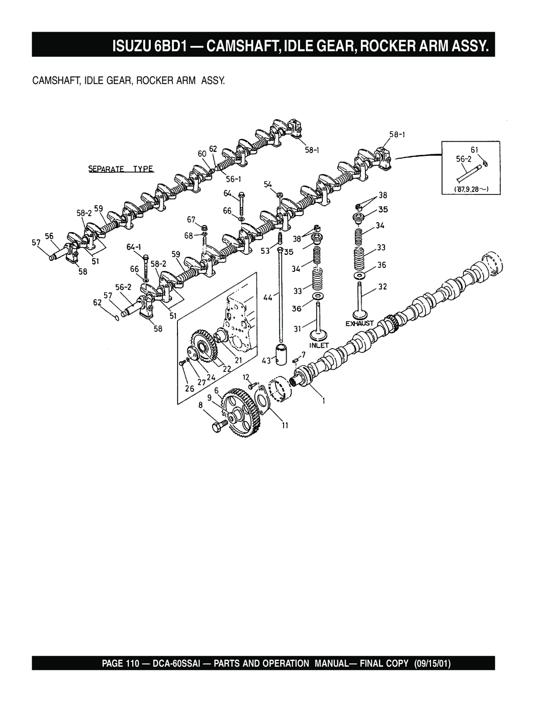 Multiquip dca-60ssai operation manual Isuzu 6BD1 CAMSHAFT, Idle GEAR, Rocker ARM Assy 