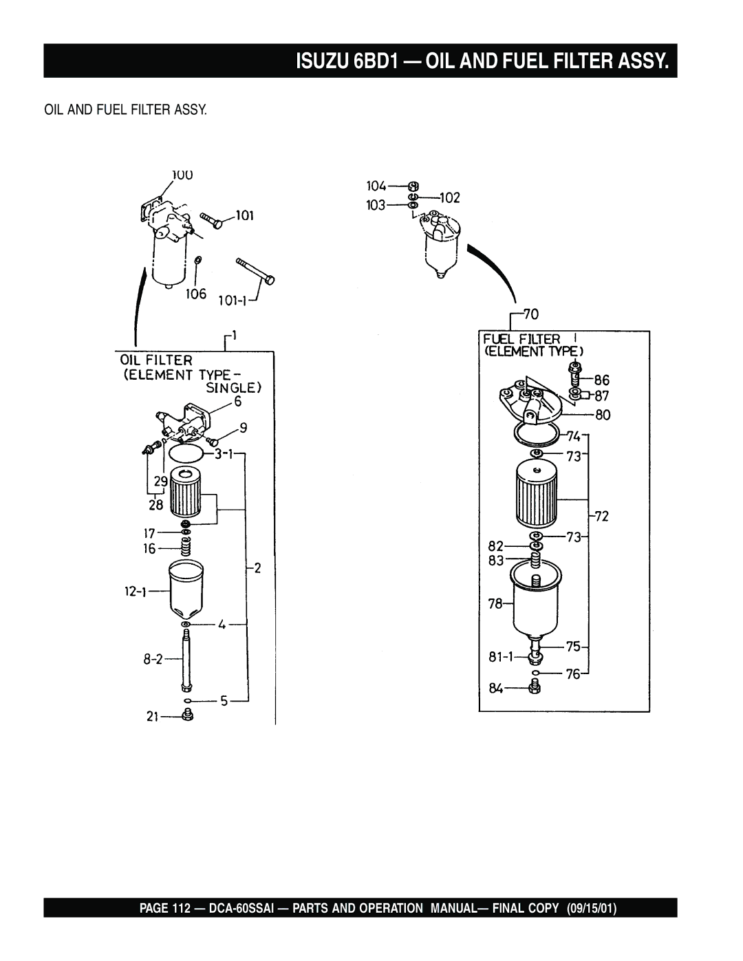 Multiquip dca-60ssai operation manual Isuzu 6BD1 OIL and Fuel Filter Assy 