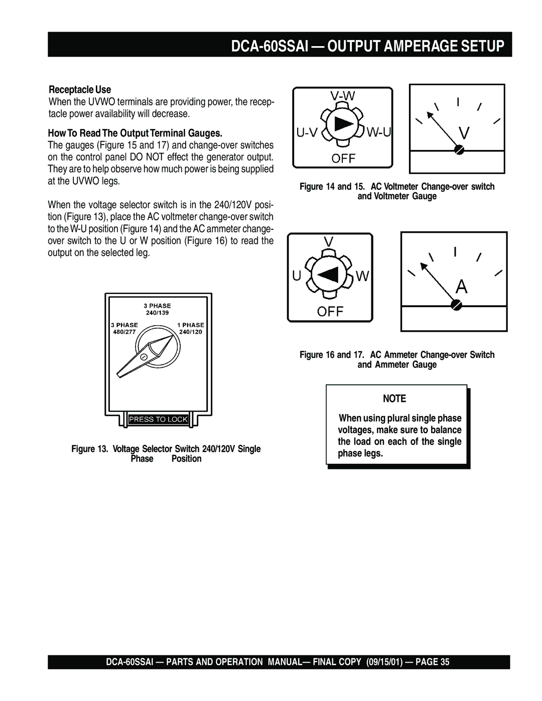 Multiquip dca-60ssai operation manual Receptacle Use, How To Read The Output Terminal Gauges 