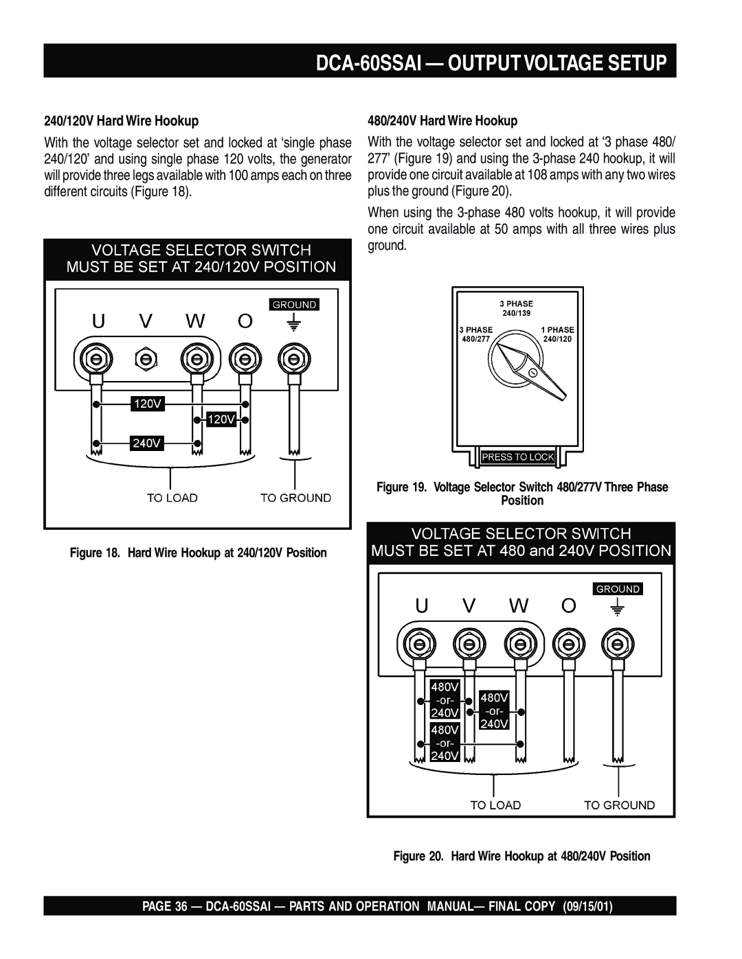 Multiquip dca-60ssai operation manual DCA-60SSAI Output Voltage Setup, 240/120V Hard Wire Hookup 