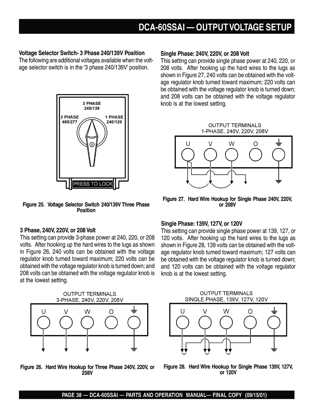 Multiquip dca-60ssai DCA-60SSAI Output Voltage Setup, Single Phase 240V, 220V, or 208 Volt, Phase, 240V, 220V, or 208 Volt 