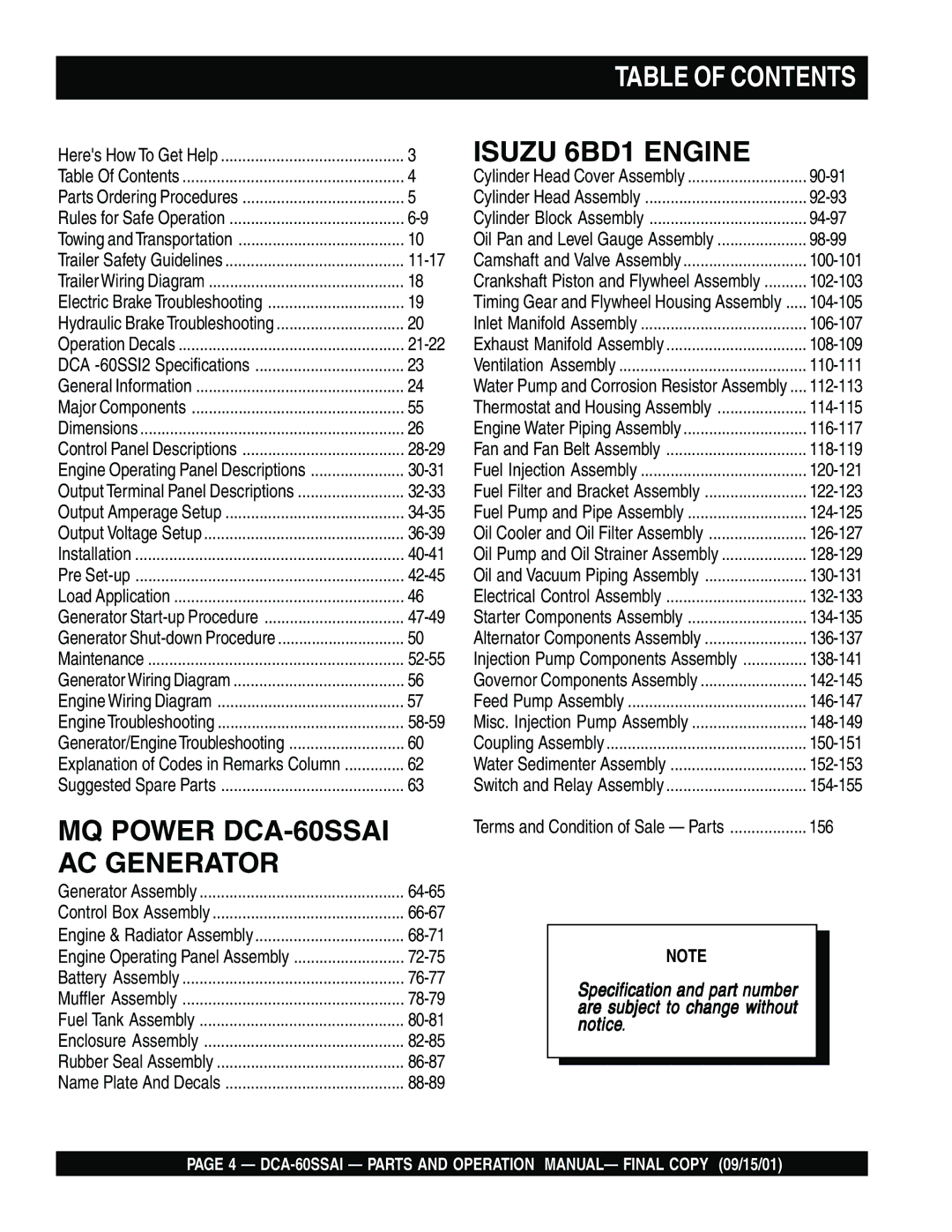 Multiquip dca-60ssai operation manual Table of Contents 