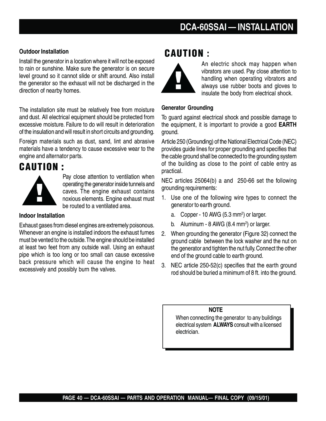 Multiquip dca-60ssai operation manual DCA-60SSAI Installation, Outdoor Installation, Indoor Installation 