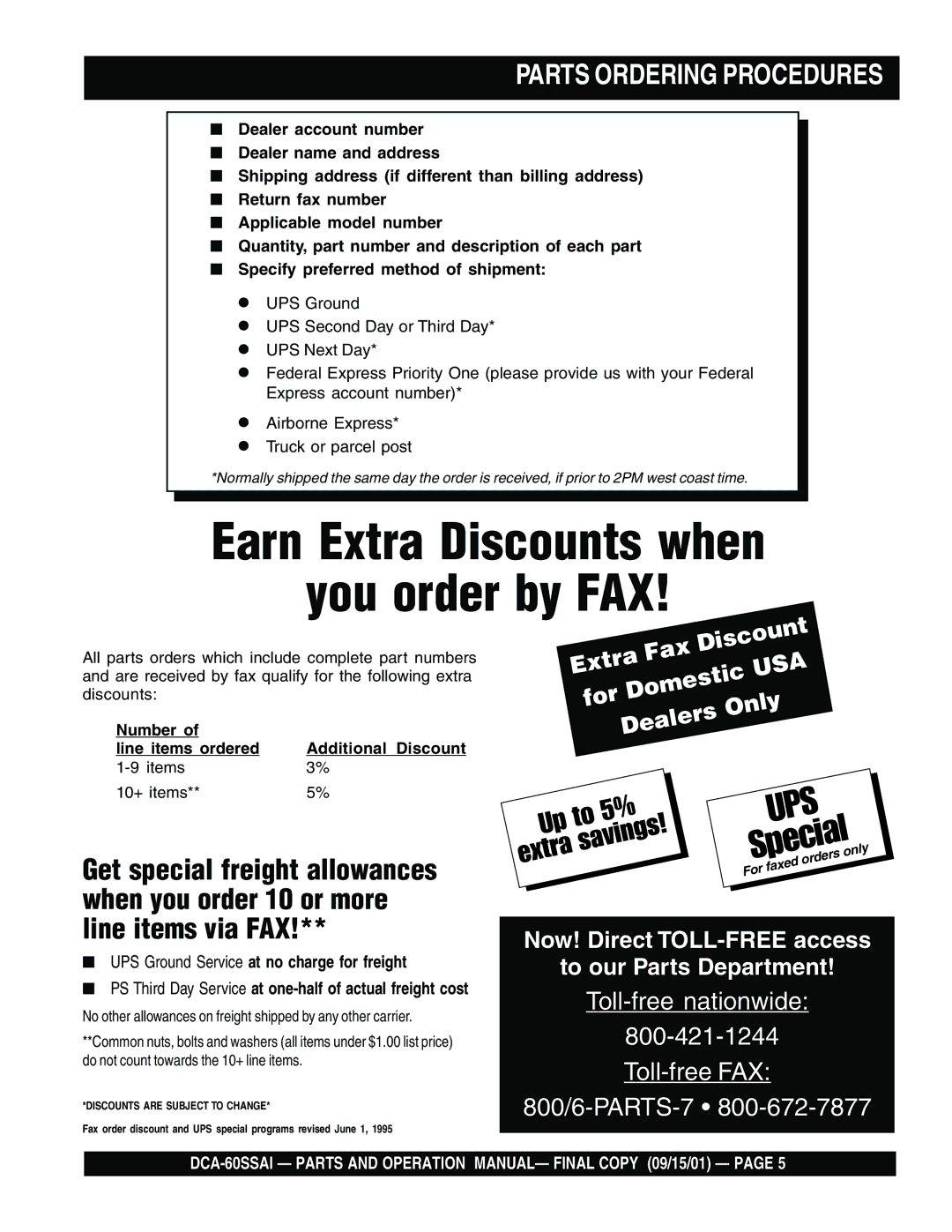 Multiquip dca-60ssai operation manual Earn Extra Discounts when You order by FAX, Parts Ordering Procedures 