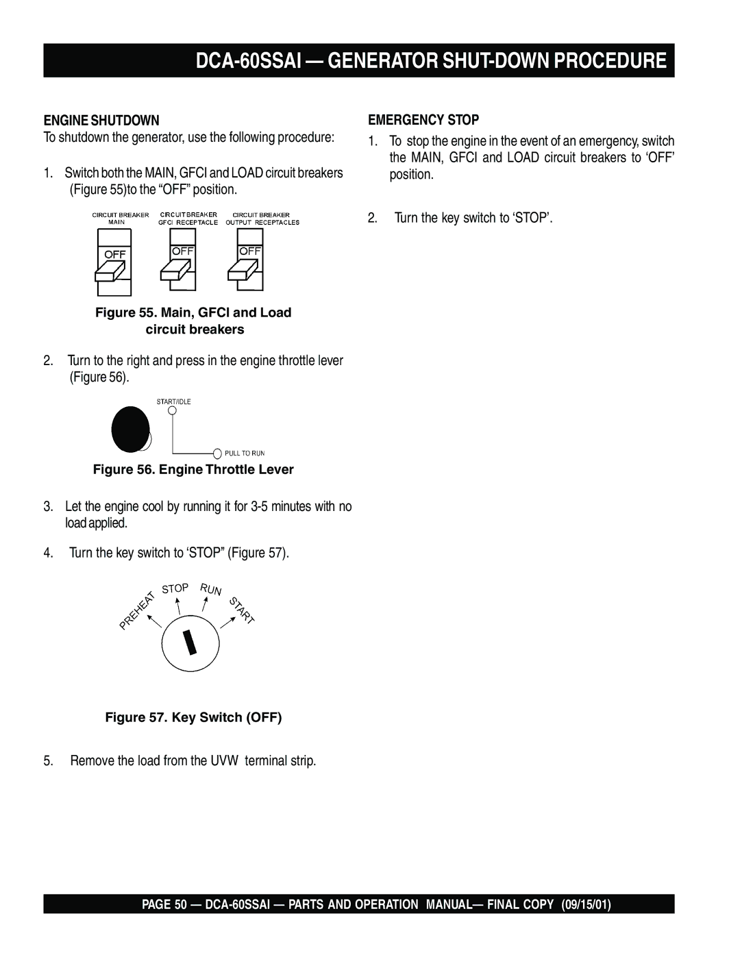 Multiquip dca-60ssai operation manual DCA-60SSAI Generator SHUT-DOWN Procedure, Engine Shutdown 