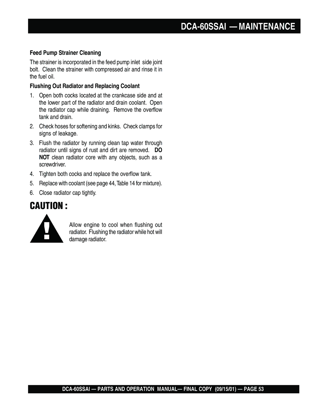 Multiquip dca-60ssai DCA-60SSAI Maintenance, Feed Pump Strainer Cleaning, Flushing Out Radiator and Replacing Coolant 