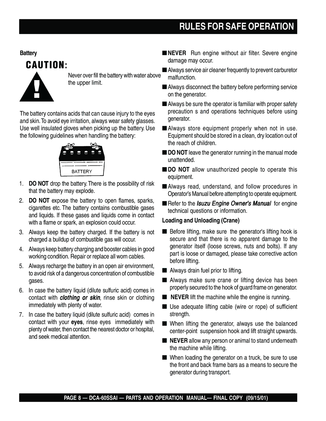 Multiquip dca-60ssai operation manual Battery, Loading and Unloading Crane 