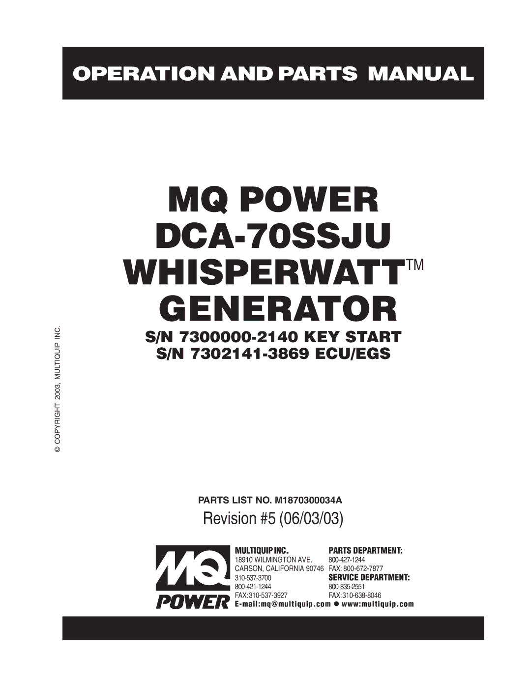 Multiquip operation manual MQ Power DCA-70SSJU Whisperwatttm Generator 