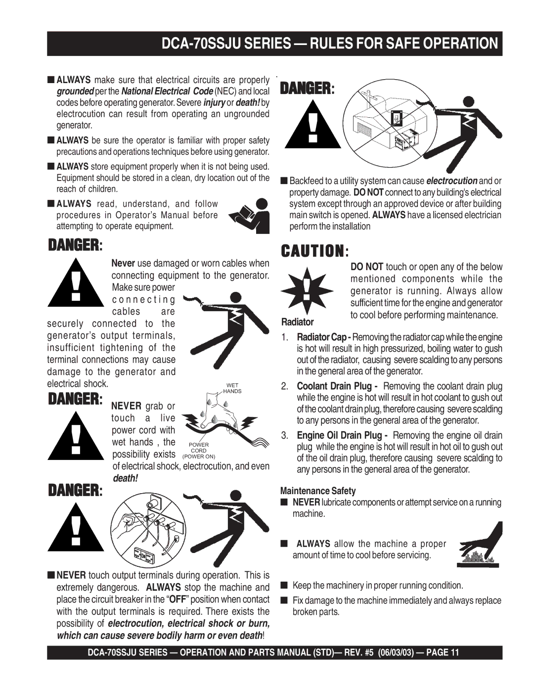 Multiquip operation manual DCA-70SSJU Series Rules for Safe Operation, Radiator 