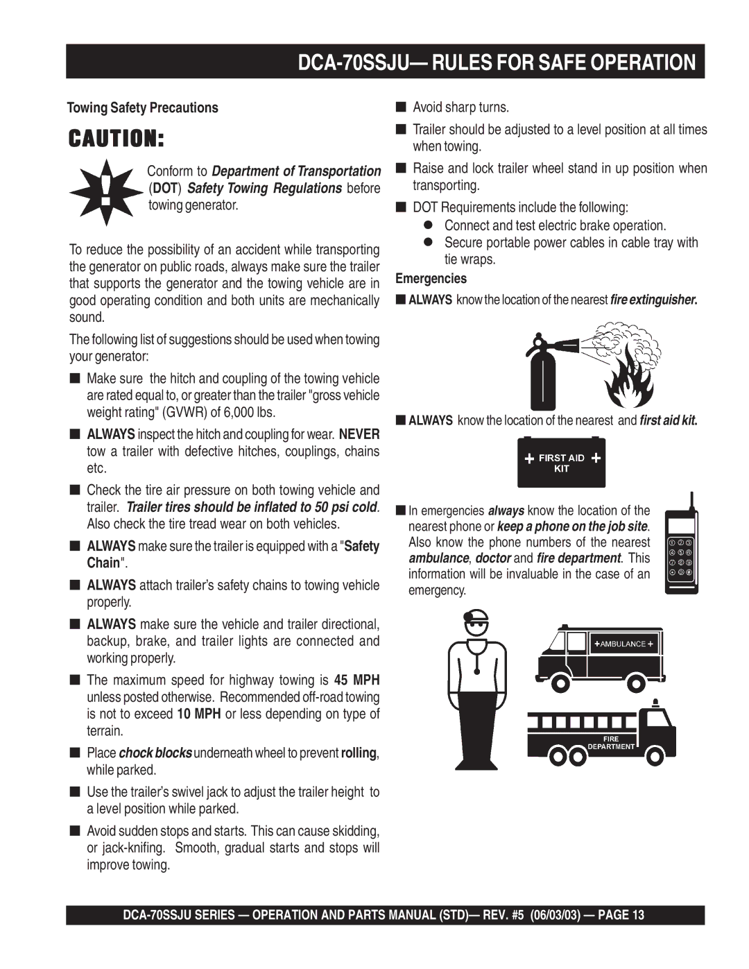 Multiquip operation manual DCA-70SSJU- Rules for Safe Operation, Towing Safety Precautions 