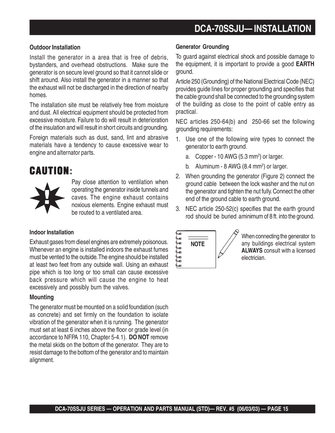 Multiquip DCA-70SSJU Outdoor Installation, Mounting, Whenever an engine is installed indoors the exhaust fumes 