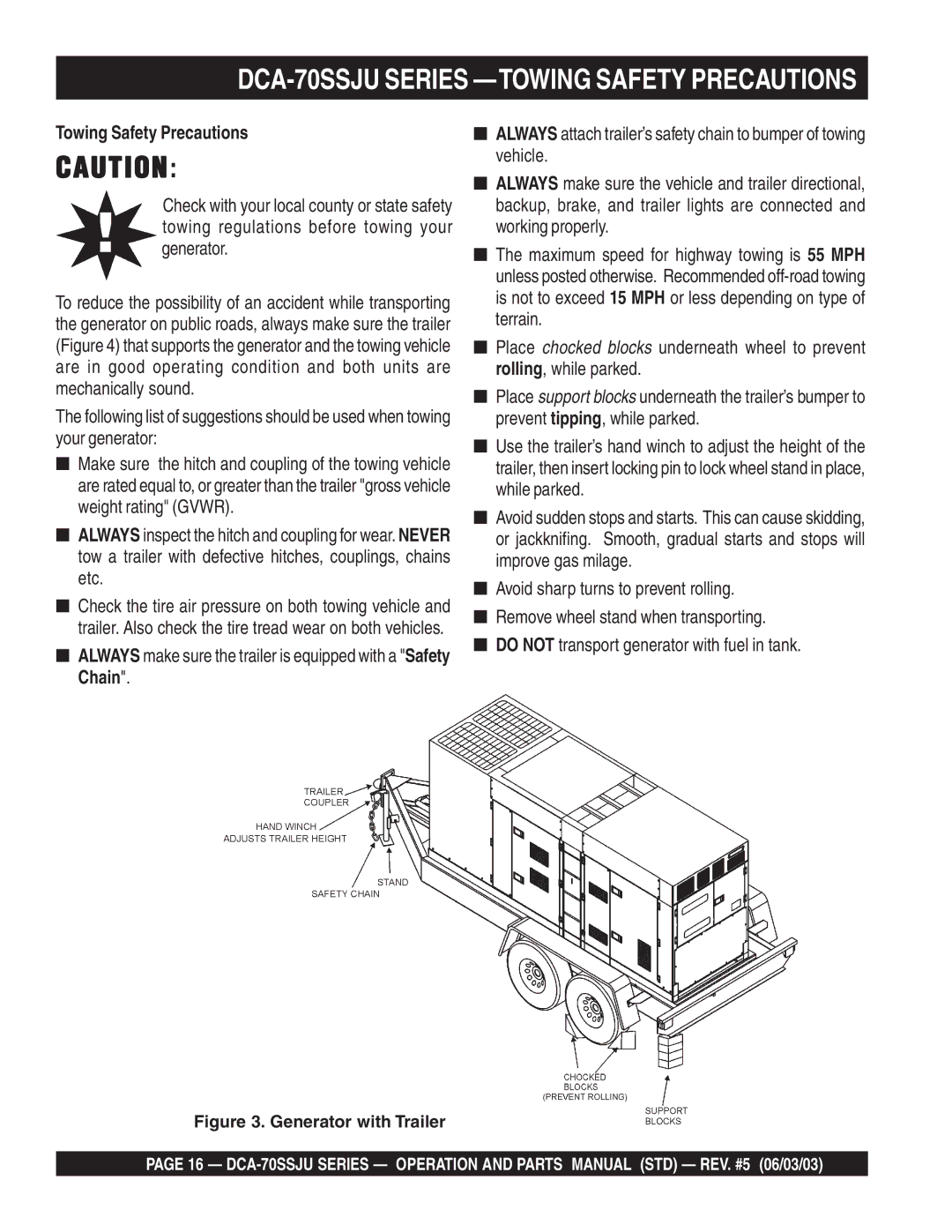 Multiquip operation manual DCA-70SSJU Series -TOWING Safety Precautions, Generator with Trailer 