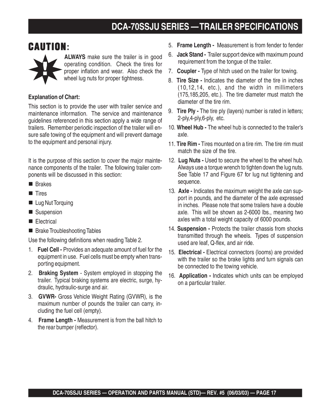 Multiquip operation manual DCA-70SSJU Series -TRAILER Specifications, Explanation of Chart 