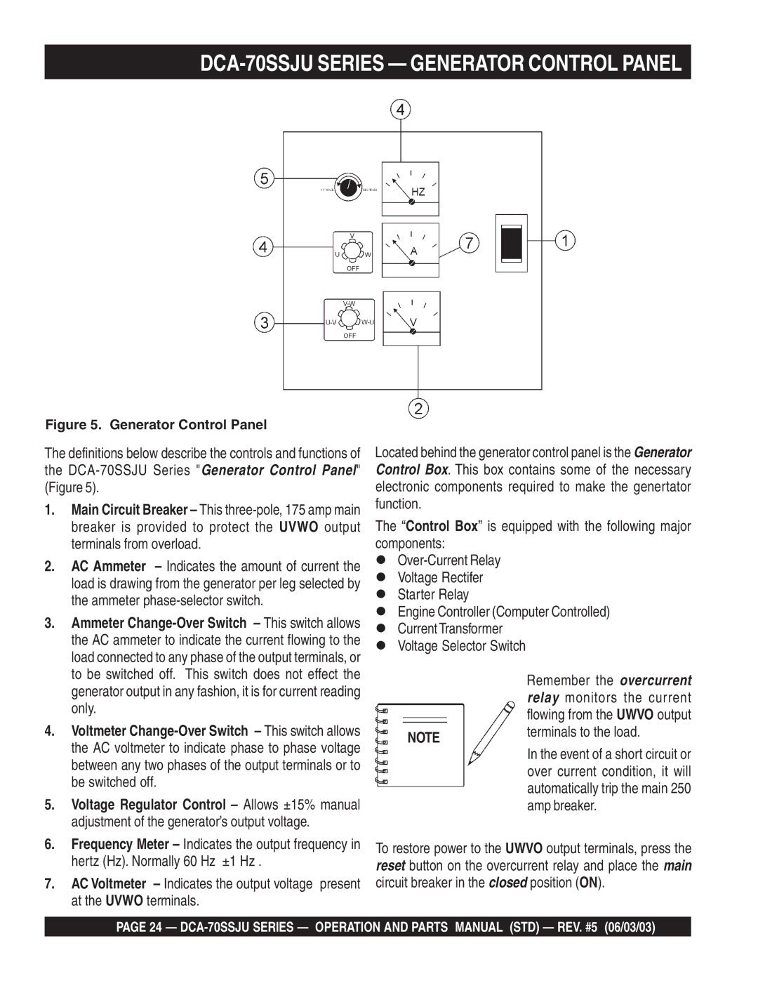 Multiquip DCA-70SSJU Series Generator Control Panel, Relay monitors the current, Terminals to the load, Amp breaker 