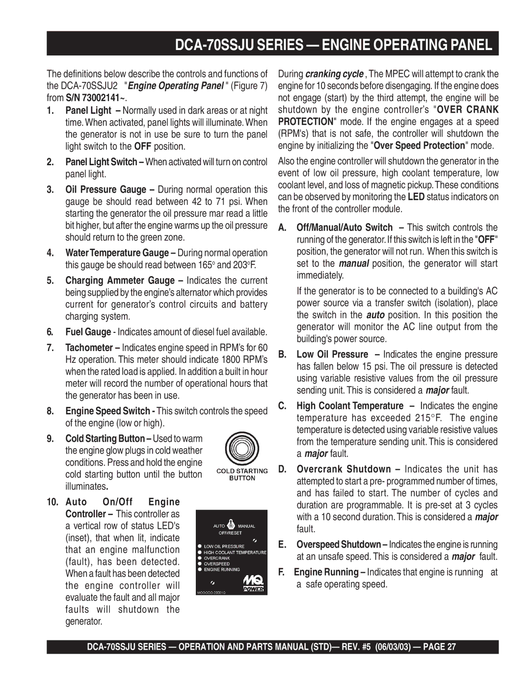 Multiquip operation manual DCA-70SSJU Series Engine Operating Panel 