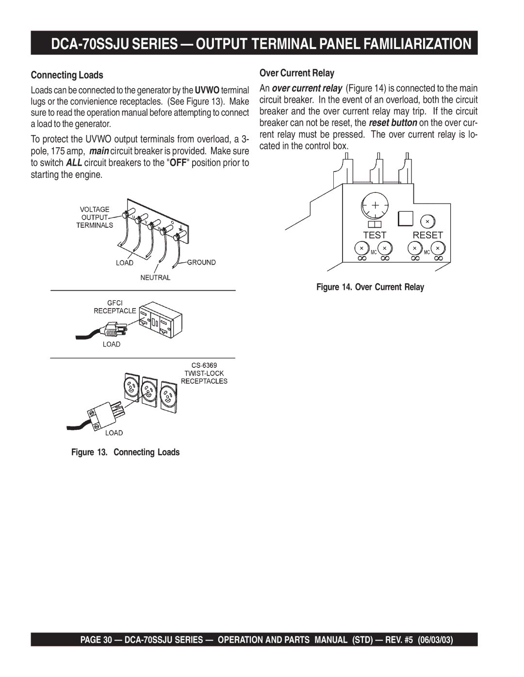 Multiquip DCA-70SSJU operation manual Connecting Loads, Over Current Relay 