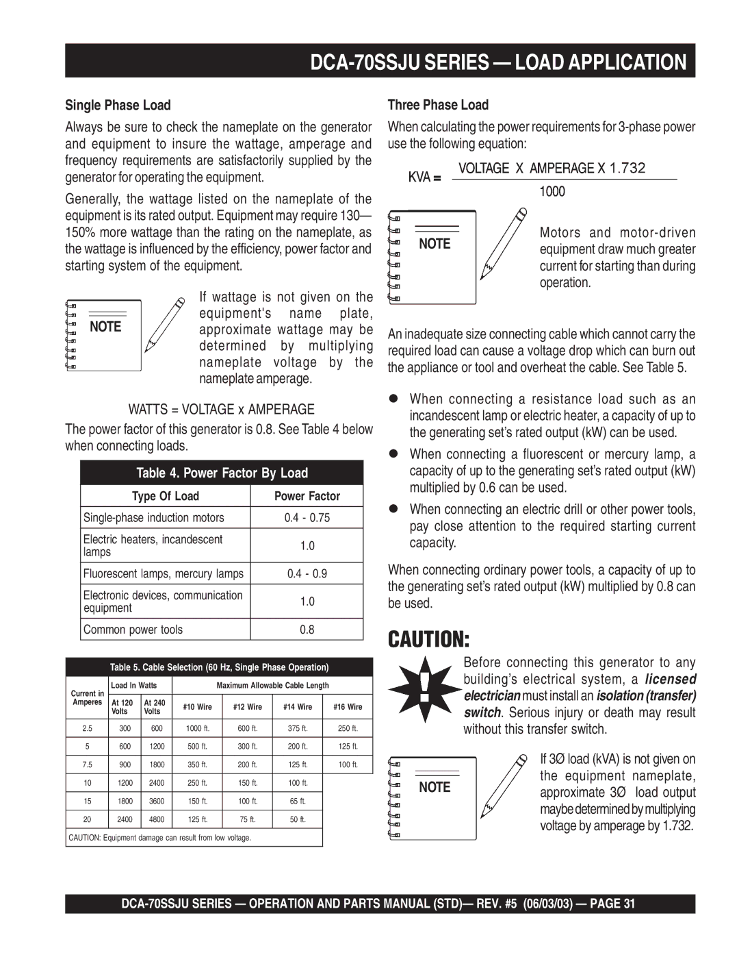 Multiquip operation manual DCA-70SSJU Series Load Application, Single Phase Load, Three Phase Load 