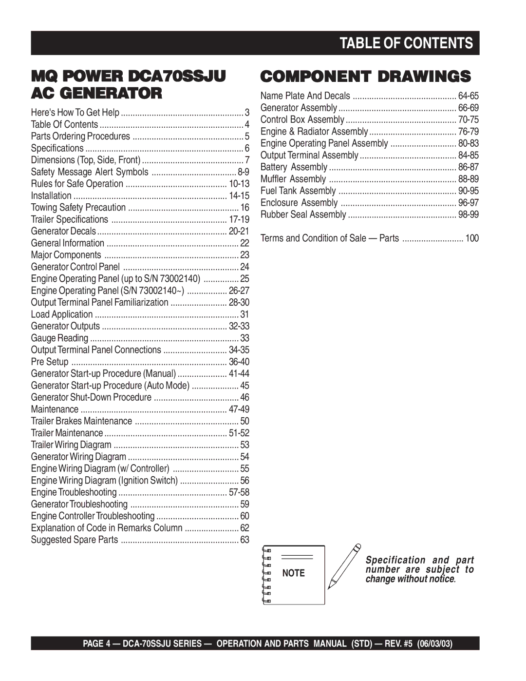 Multiquip DCA-70SSJU operation manual Table of Contents 