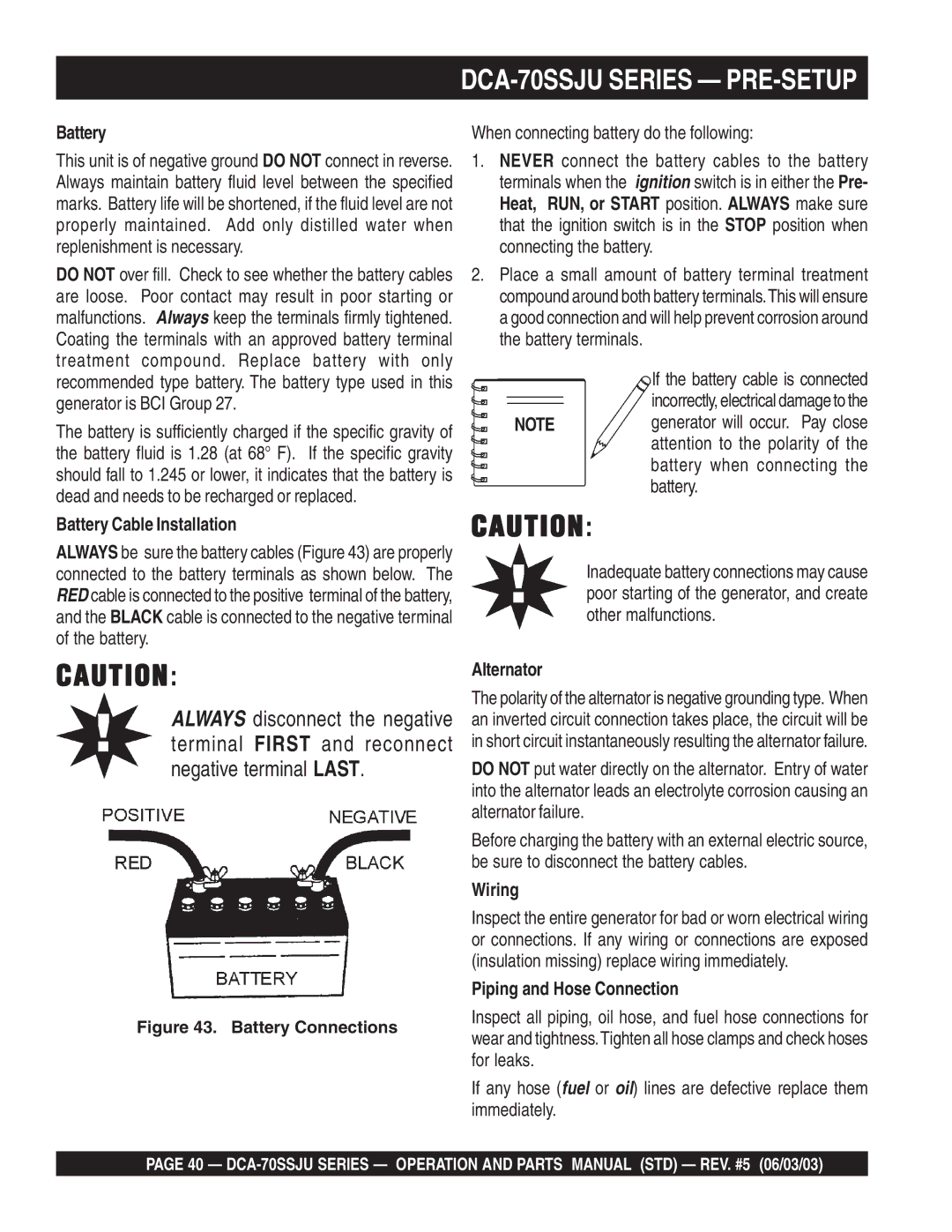 Multiquip DCA-70SSJU Battery Cable Installation, When connecting battery do the following, Alternator, Wiring 