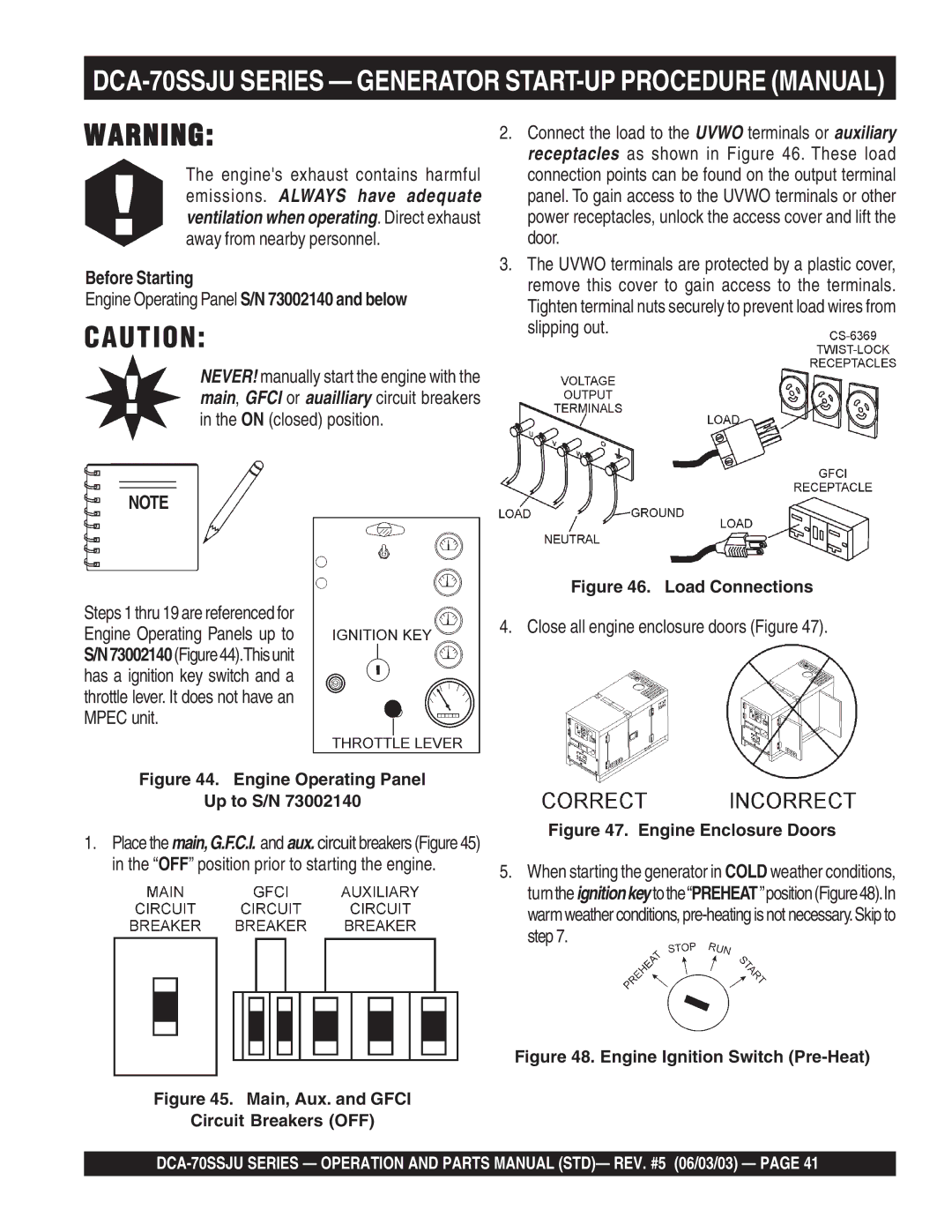 Multiquip operation manual DCA-70SSJU Series Generator START-UP Procedure Manual, Before Starting 