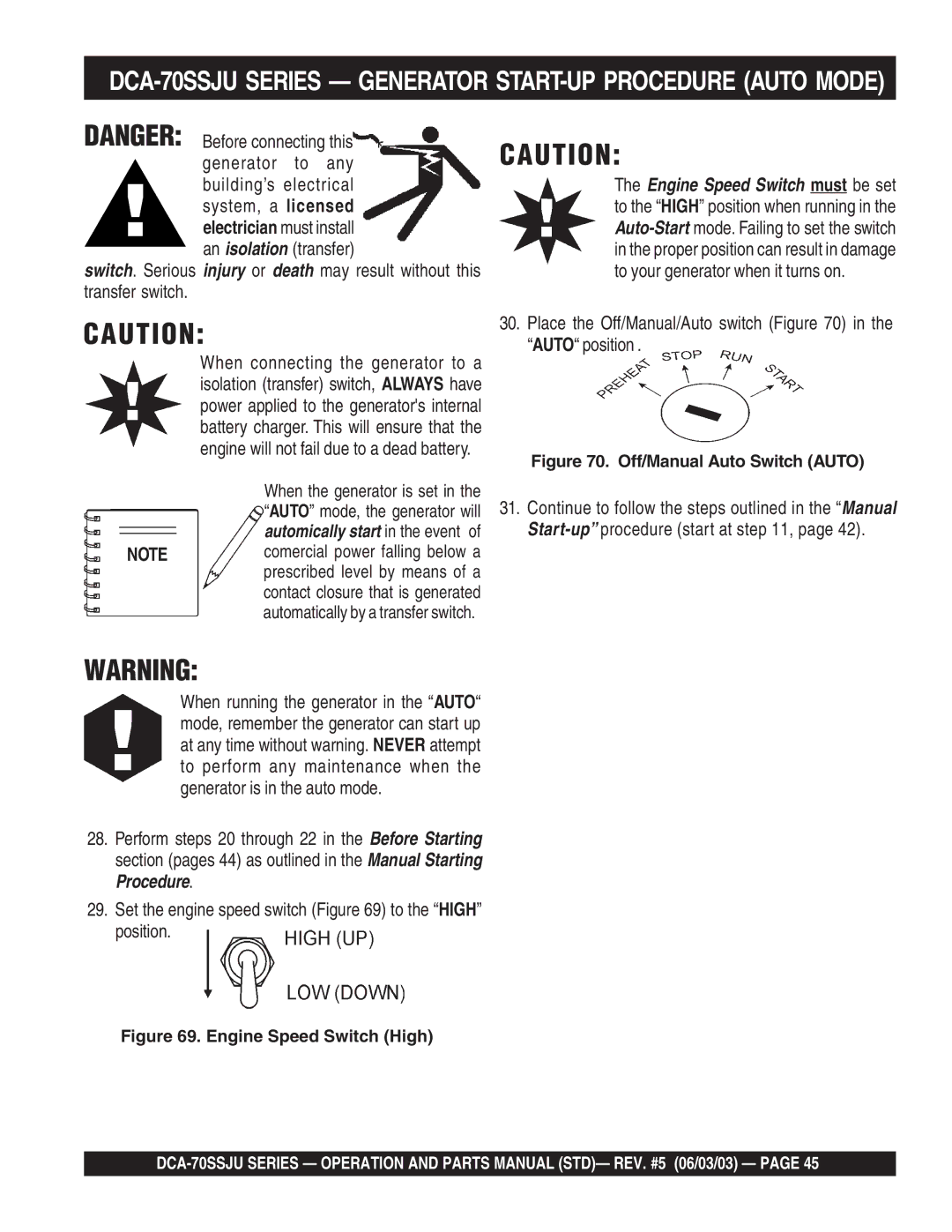 Multiquip operation manual DCA-70SSJU Series Generator START-UP Procedure Auto Mode 