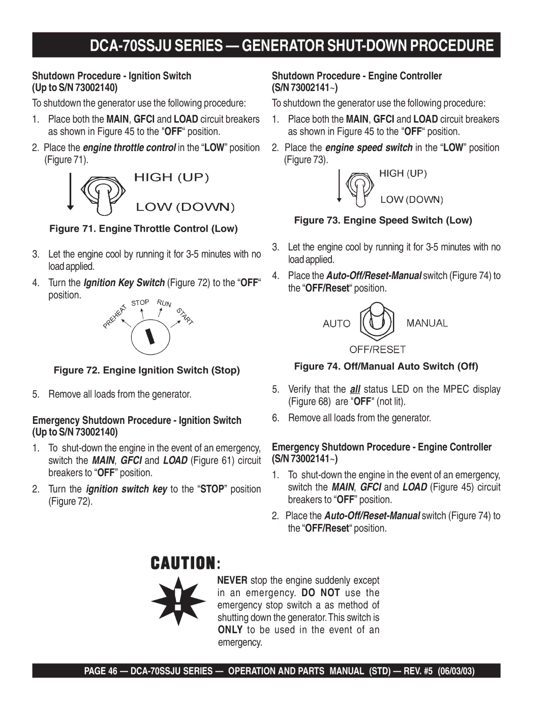 Multiquip operation manual DCA-70SSJU Series Generator SHUT-DOWN Procedure, Shutdown Procedure Ignition Switch Up to S/N 