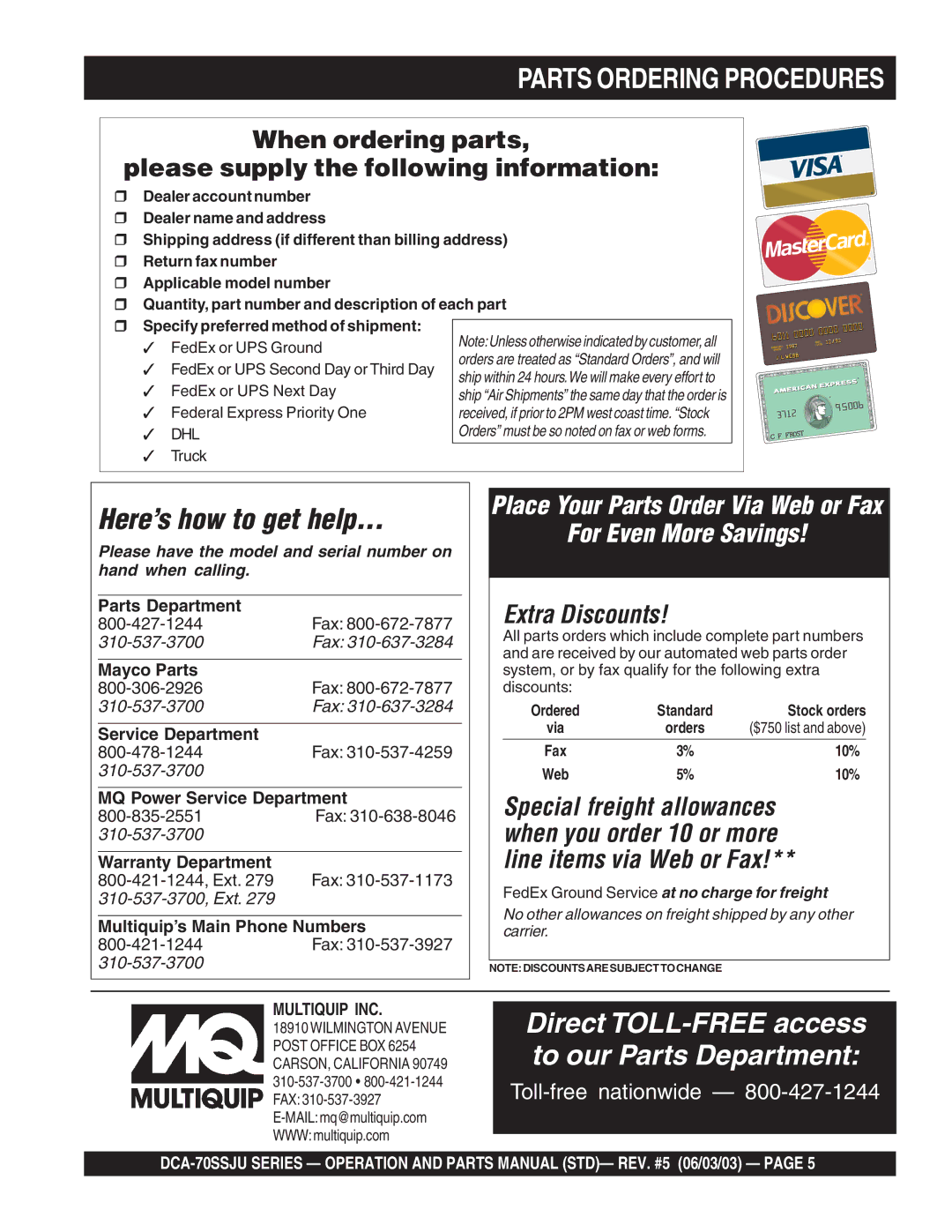 Multiquip DCA-70SSJU operation manual Parts Ordering Procedures, Fax 