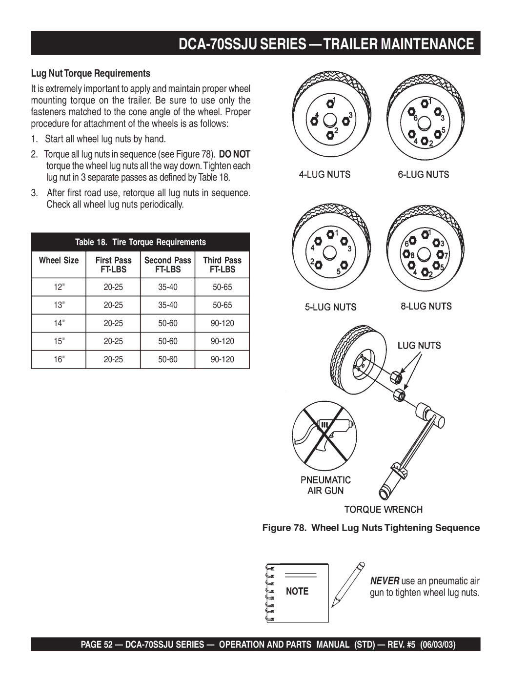 Multiquip DCA-70SSJU operation manual Lug Nut Torque Requirements, Start all wheel lug nuts by hand 