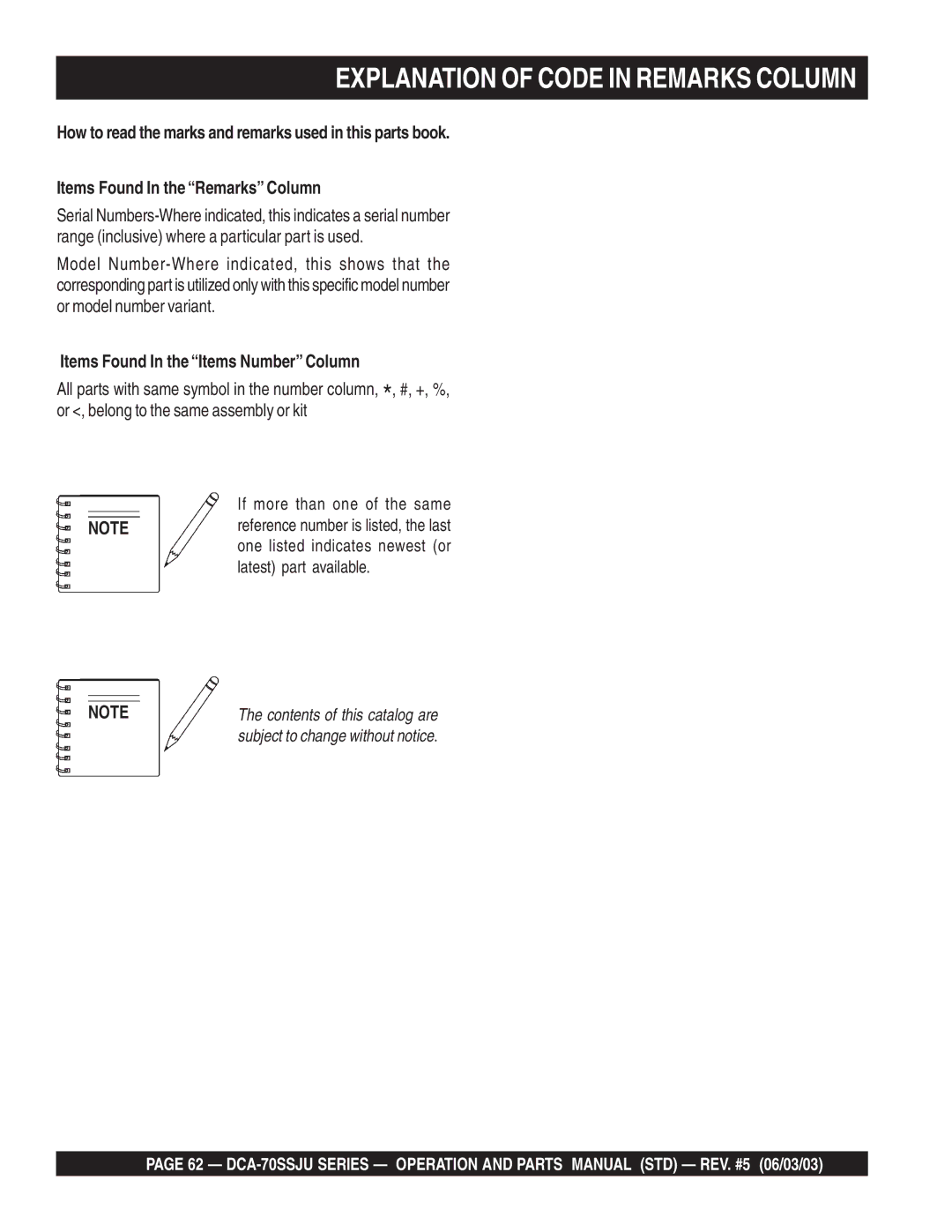 Multiquip DCA-70SSJU operation manual Explanation of Code in Remarks Column, Items Found In the Items Number Column 