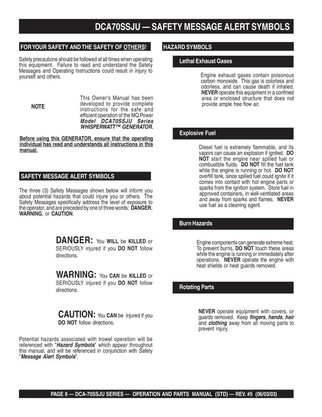 Multiquip DCA-70SSJU operation manual DCA70SSJU Safety Message Alert Symbols, Do not follow directions 