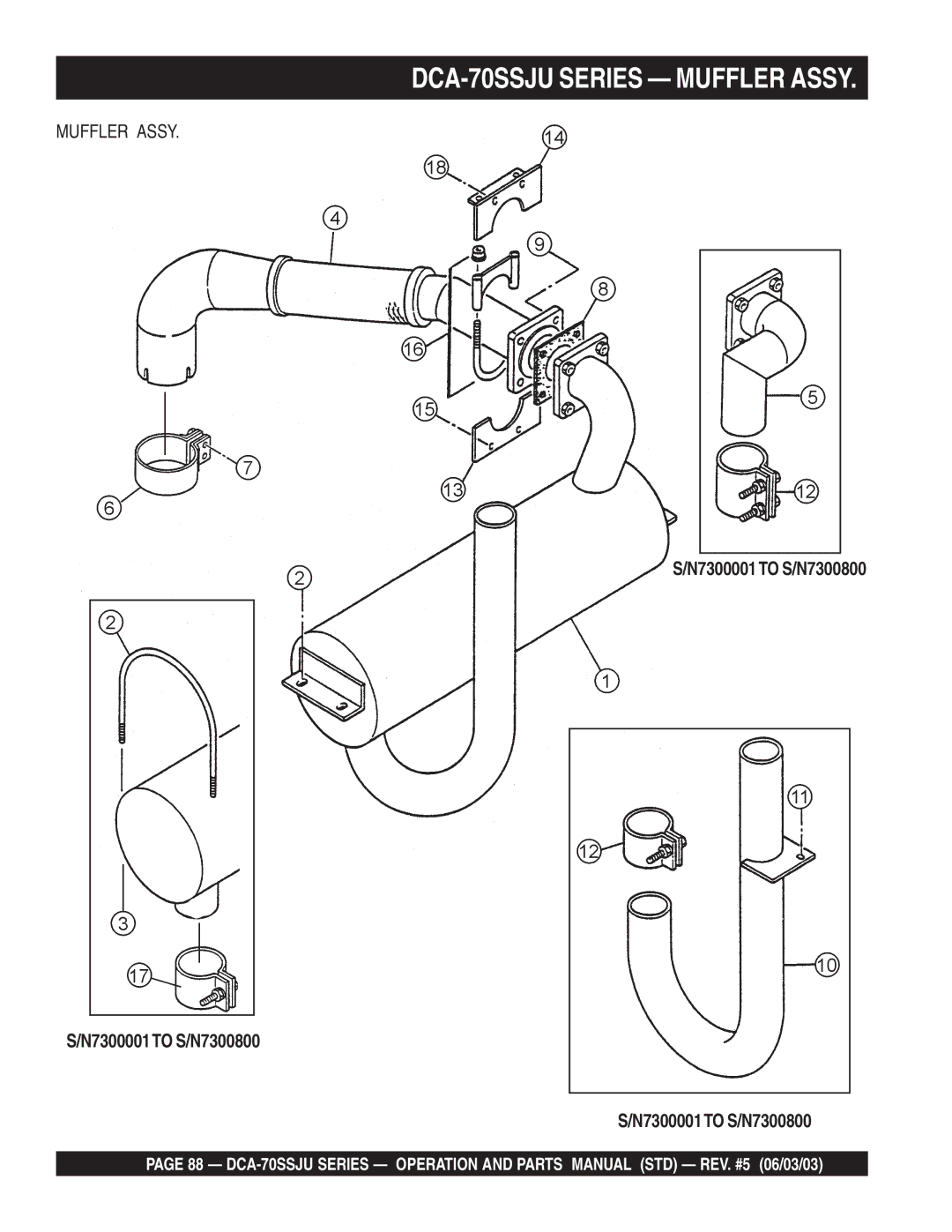 Multiquip operation manual DCA-70SSJU Series Muffler Assy, N7300001TO S/N7300800 