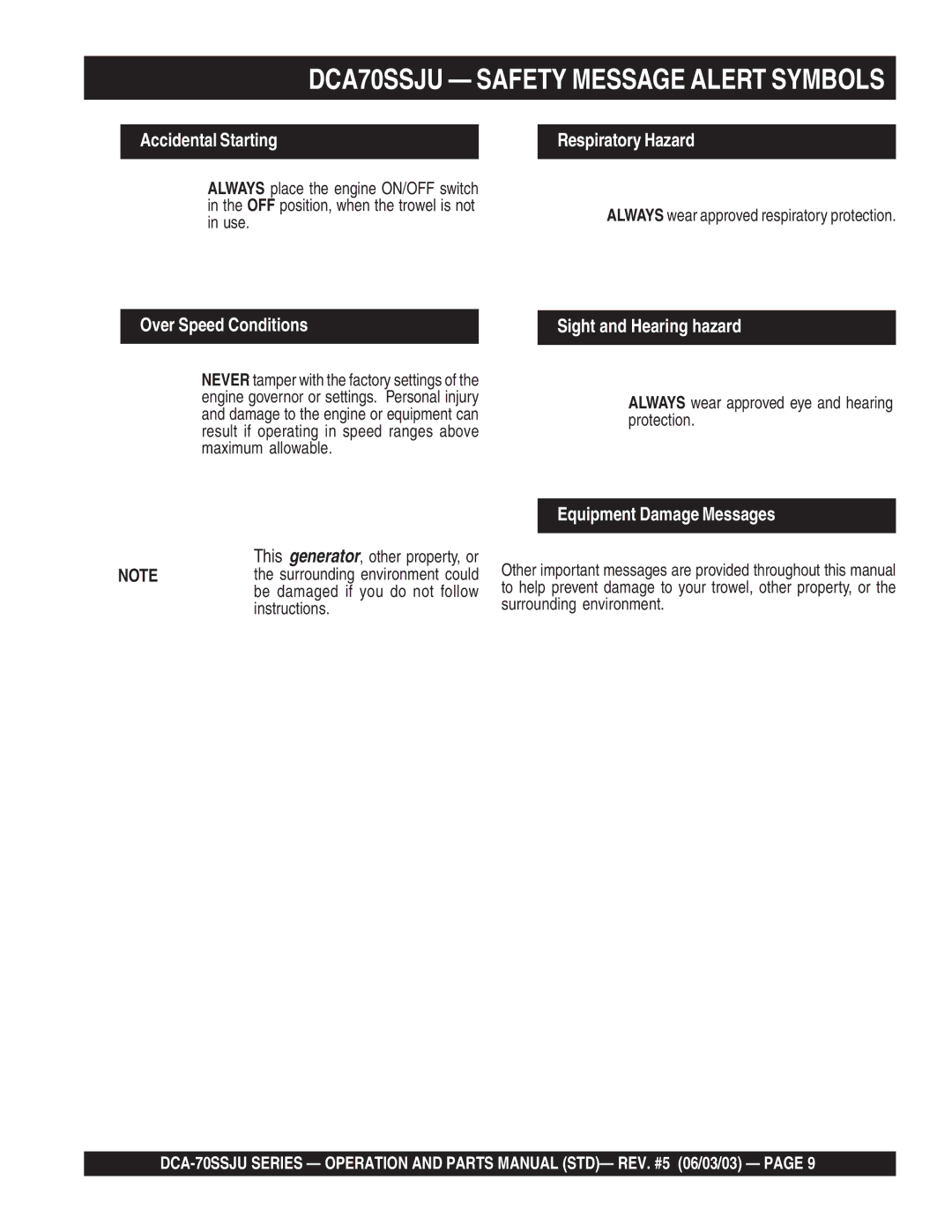 Multiquip DCA-70SSJU DCA70SSJU Safety Message Alert Symbols, Always wear approved eye and hearing protection 