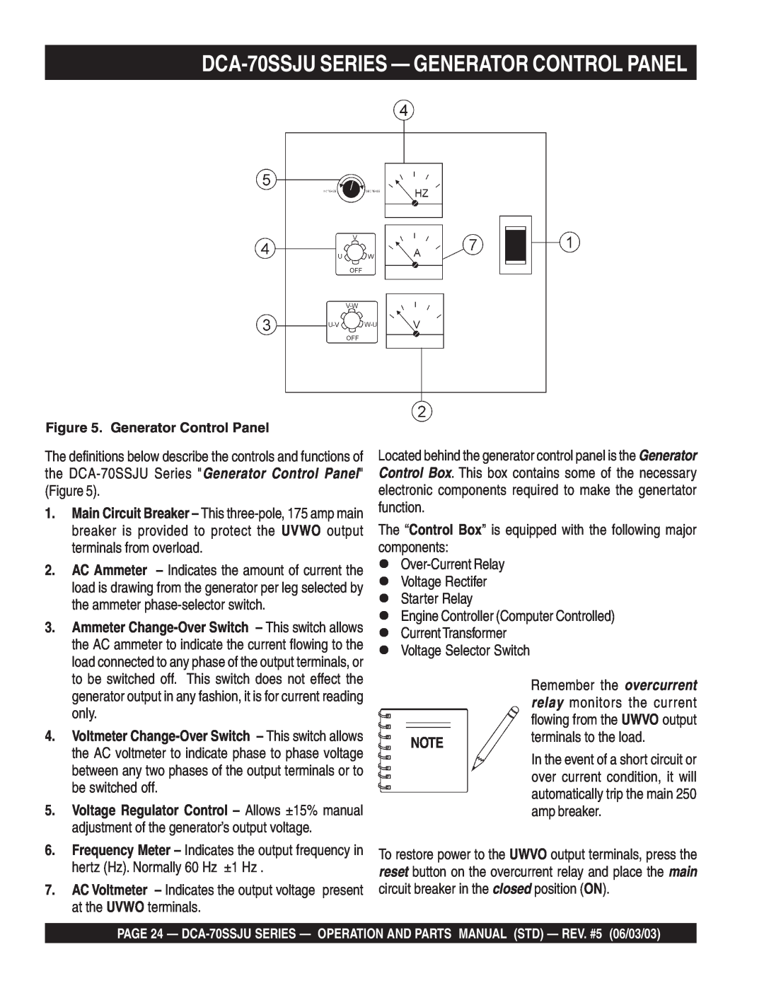 Multiquip operation manual DCA-70SSJUSERIES — GENERATOR CONTROL PANEL 