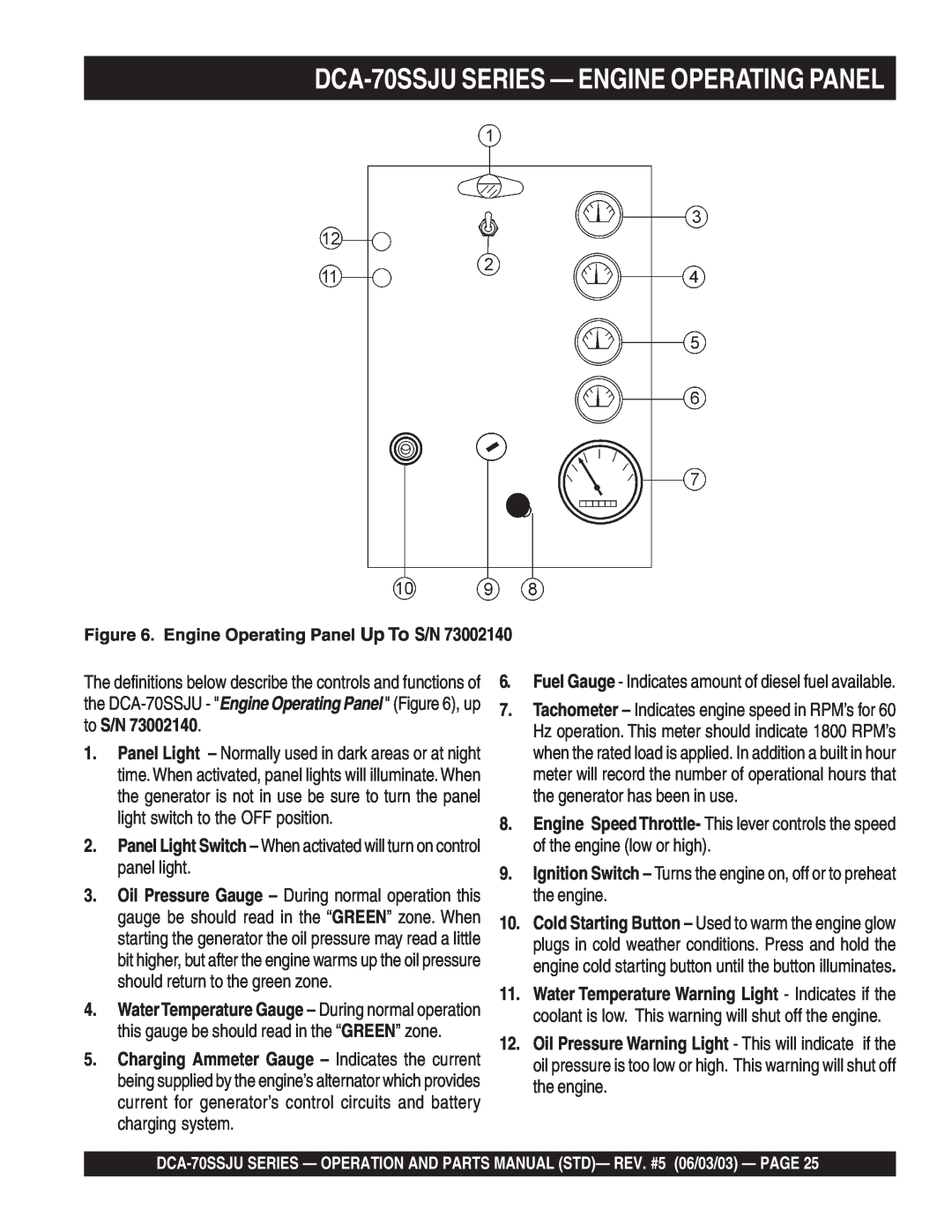 Multiquip operation manual DCA-70SSJUSERIES — ENGINE OPERATING PANEL, Engine Operating Panel Up To S/N 