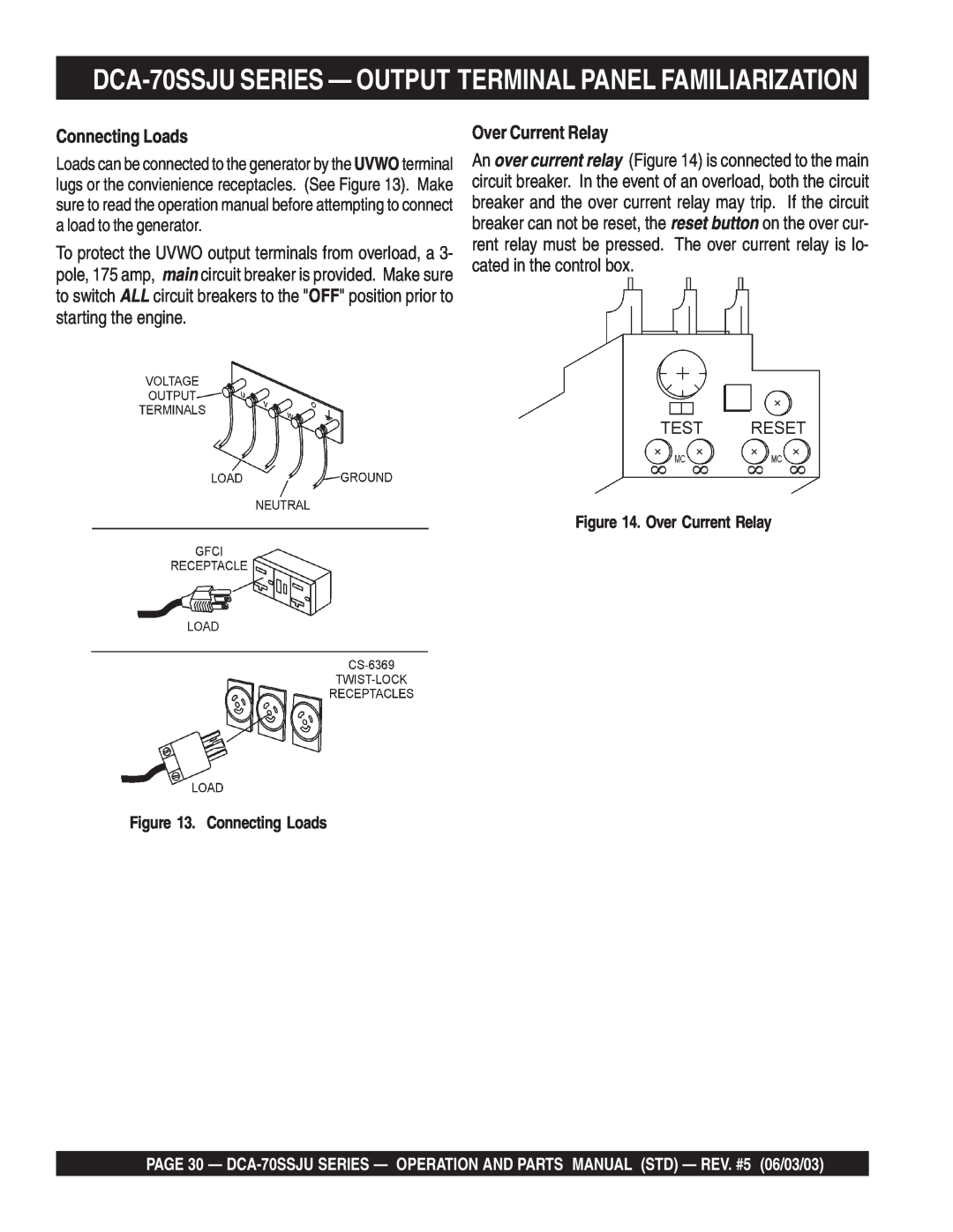 Multiquip DCA-70SSJU operation manual Connecting Loads, Over Current Relay 