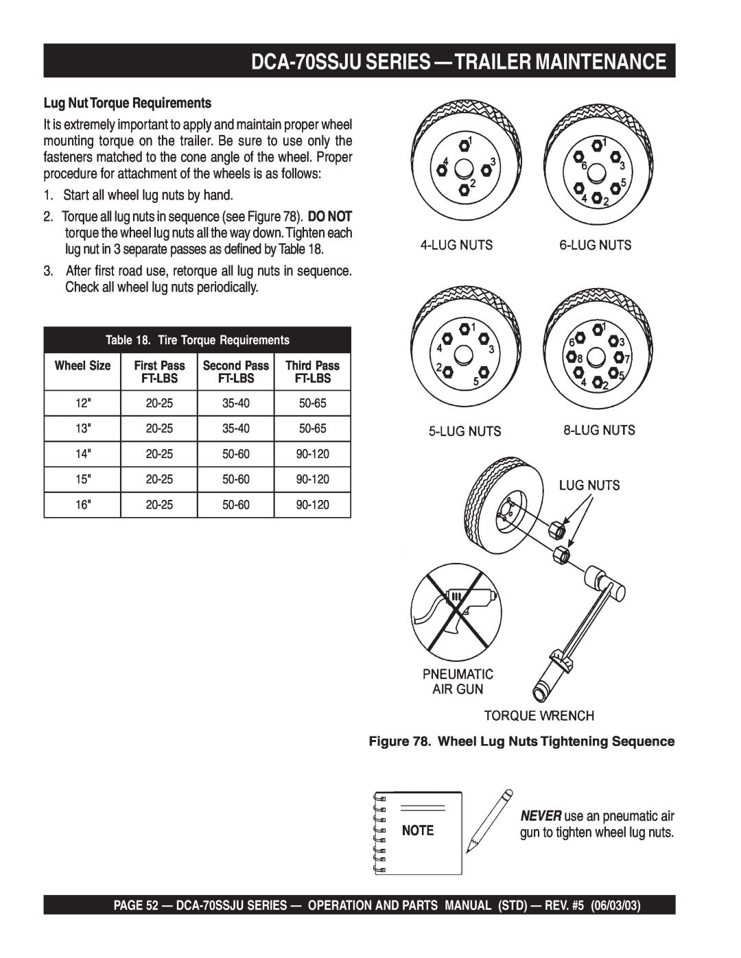 Multiquip DCA-70SSJUSERIES —TRAILERMAINTENANCE, Lug Nut Torque Requirements, Wheel Lug Nuts Tightening Sequence 