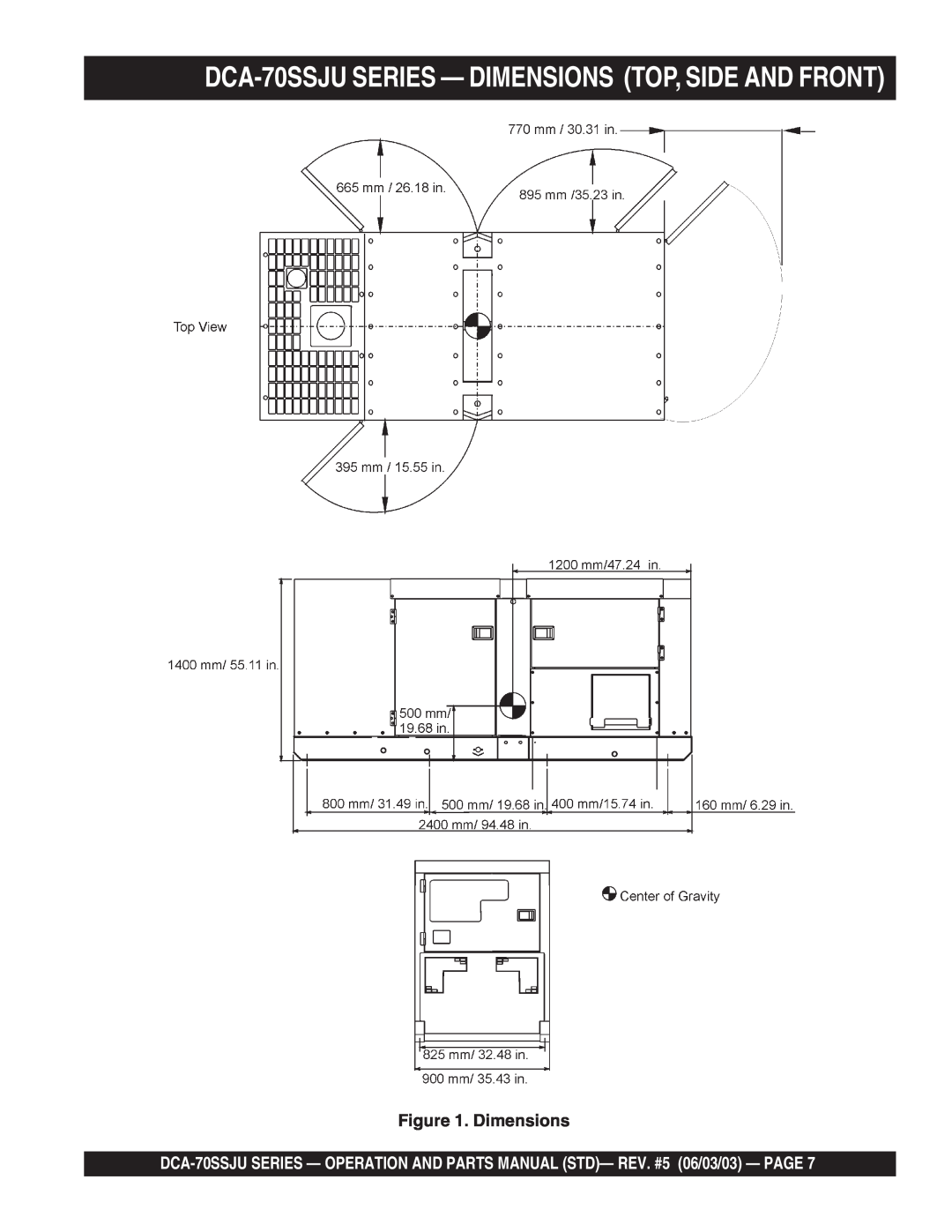 Multiquip operation manual DCA-70SSJUSERIES — DIMENSIONS TOP, SIDE AND FRONT, Dimensions 