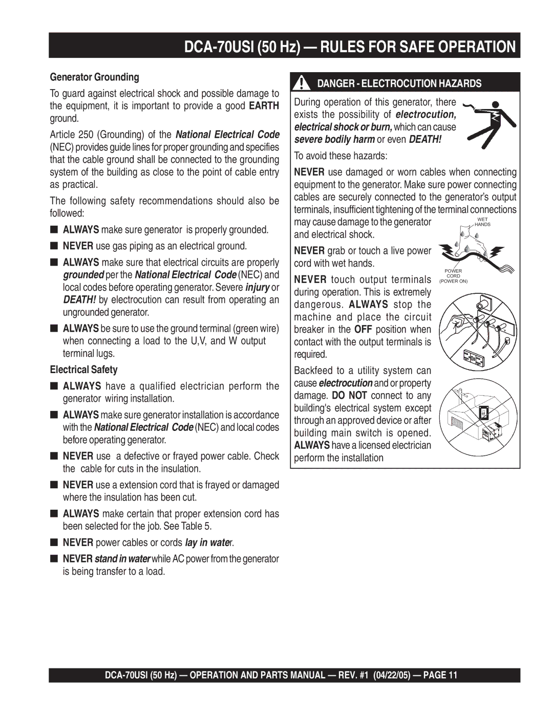 Multiquip operation manual DCA-70USI 50 Hz Rules for Safe Operation, Generator Grounding, Electrical Safety 