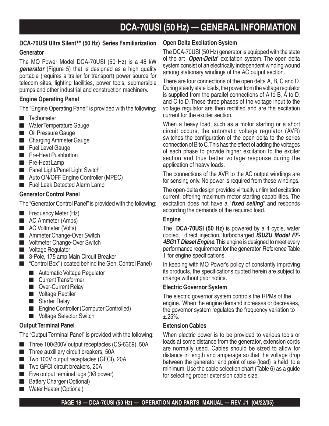 Multiquip operation manual DCA-70USI 50 Hz General Information 